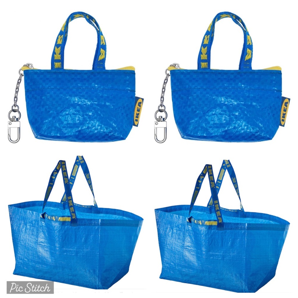 IKEA 2 FRAKTA extra Large BLUE Shopping Tote Bags + 2 small keychain totes NWT